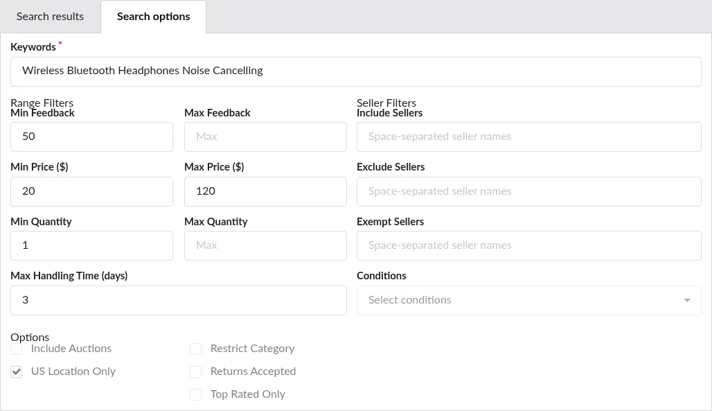 Screenshot: Search parameters and pricing controls on a Reprice Record, read-only