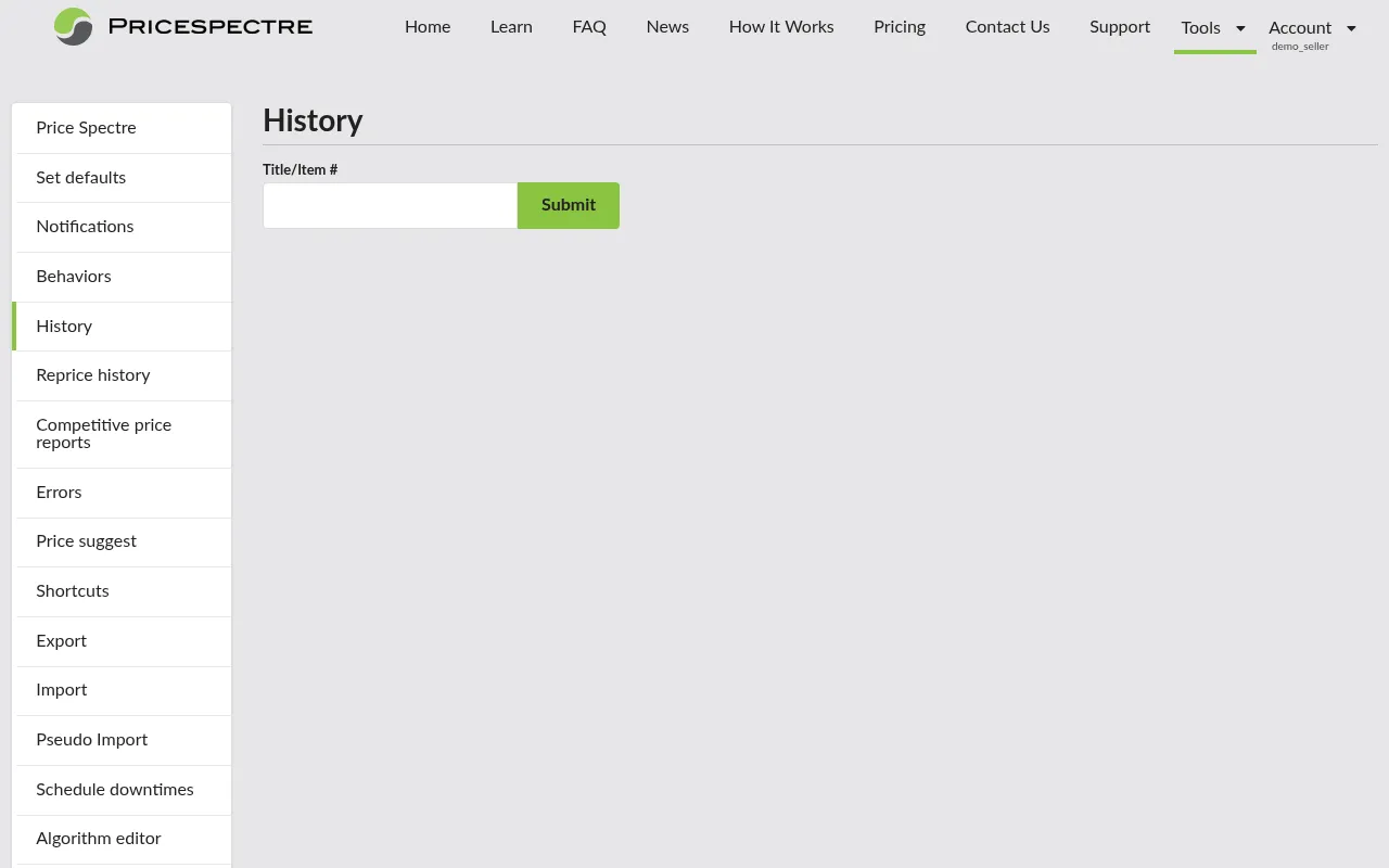 Screenshot: Side menu with History item highlighted