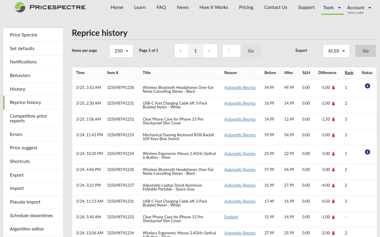Screenshot: Side menu with the Reprice history item highlighted