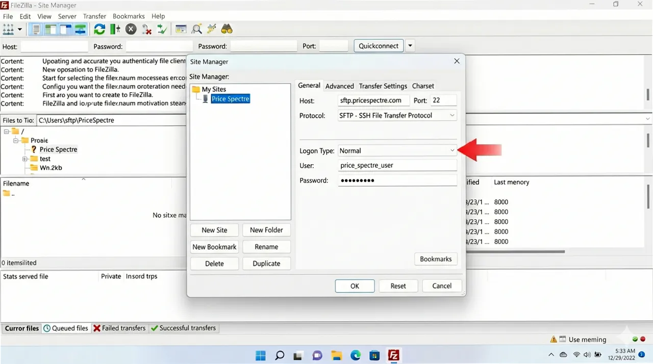 Screenshot: FileZilla Site Manager showing "Normal" logon type with username and password