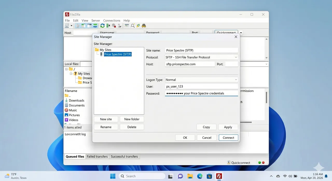 Screenshot: FileZilla Site Manager configured for SFTP
