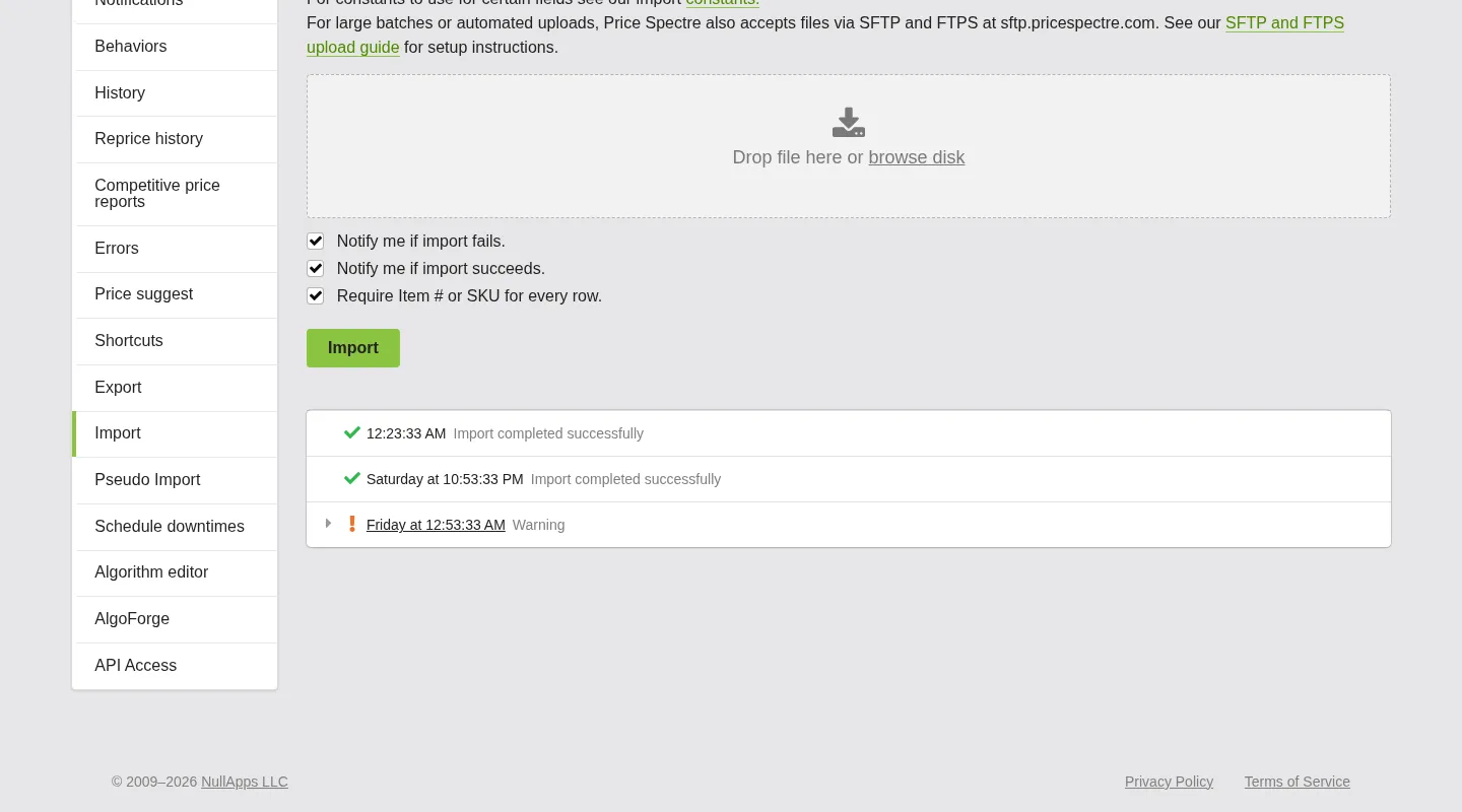 Screenshot: Import history on the Import page showing a file delivered via SFTP