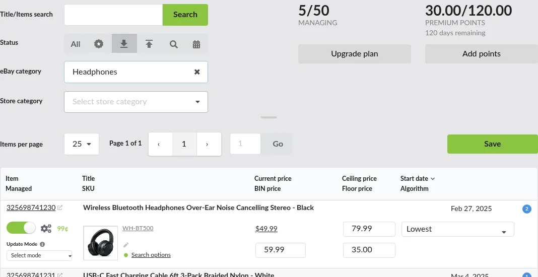 Screenshot: The search interface with a category selected and a status-flag toggle on, showing the narrowed result set