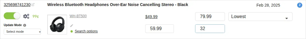 Screenshot: A search result row with the Floor price field focused and a new value being entered