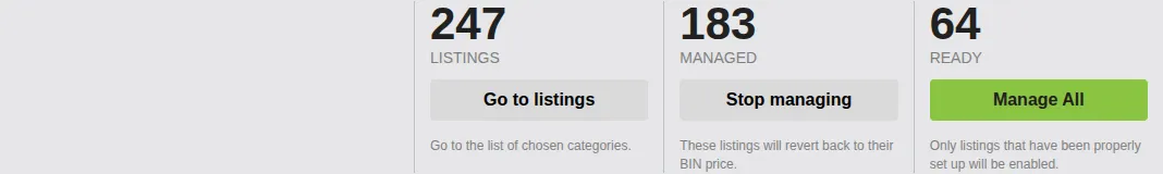Screenshot: The bulk-manage row with the three counts and the Manage All / Stop managing / Go to listings buttons labeled