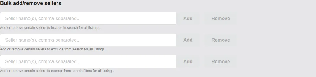 Screenshot: The Bulk add/remove sellers section with the Include, Exclude, and Exempt input boxes labeled