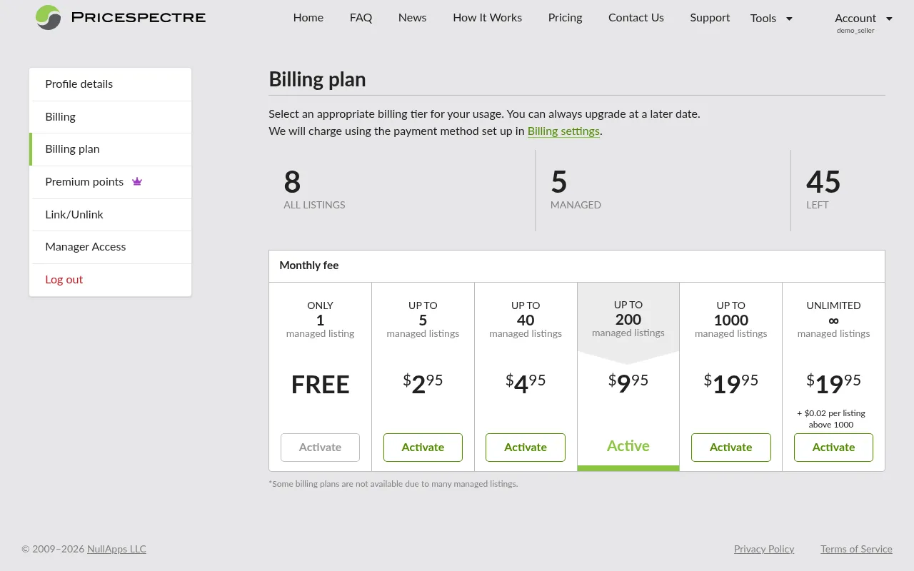 Screenshot: Billing plan comparison page