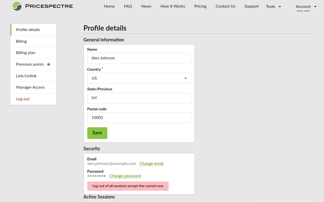 Screenshot: Profile details and active sessions