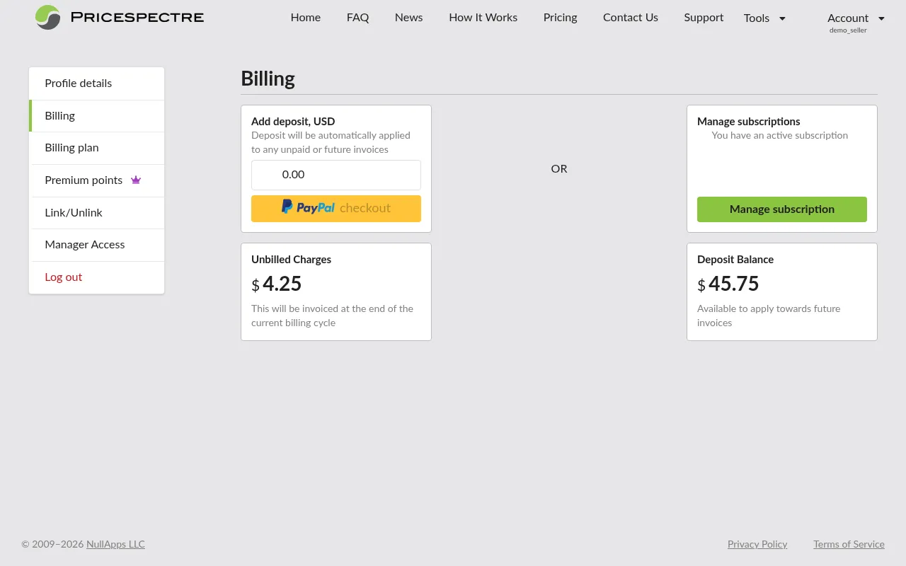 Screenshot: Billing page overview