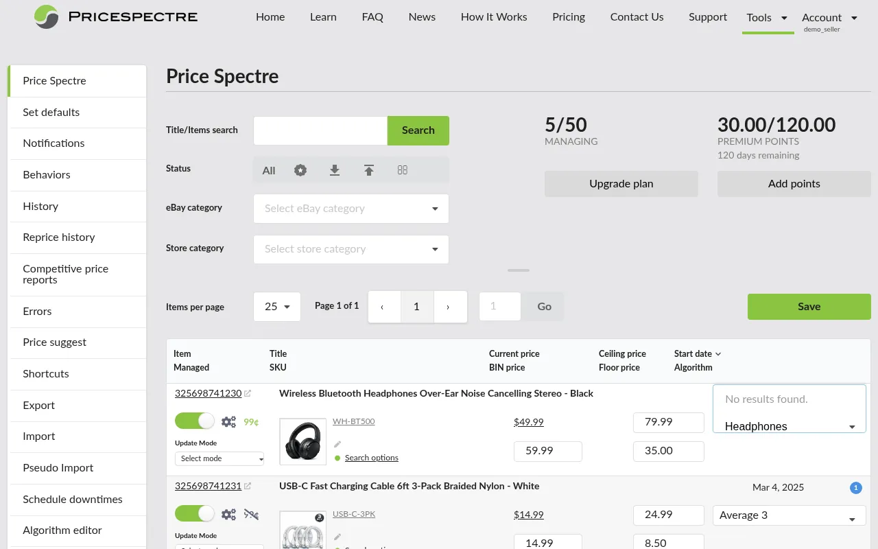 Screenshot: Searching for a listing in the Price Spectre dashboard
