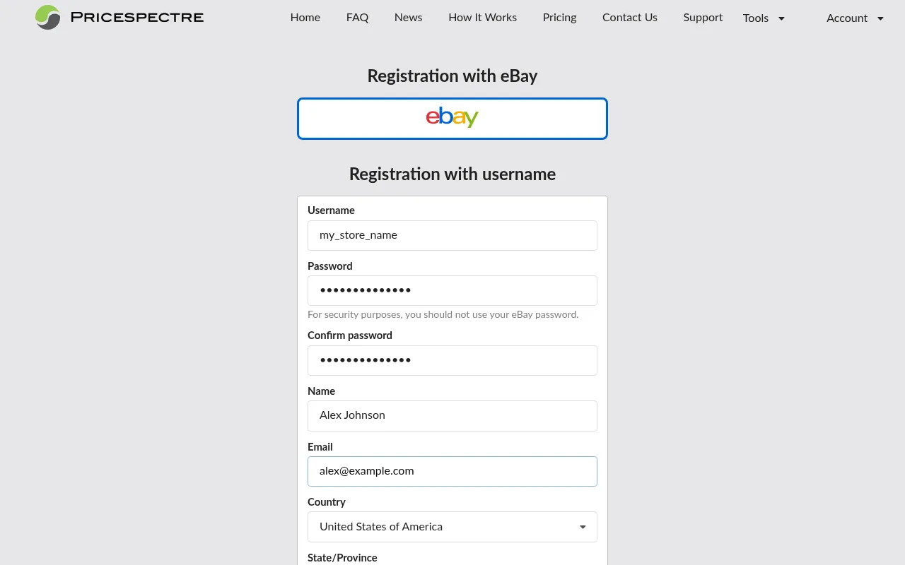Screenshot: Email registration form
