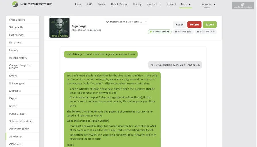 Screenshot: AlgoForge AI chatbot interface