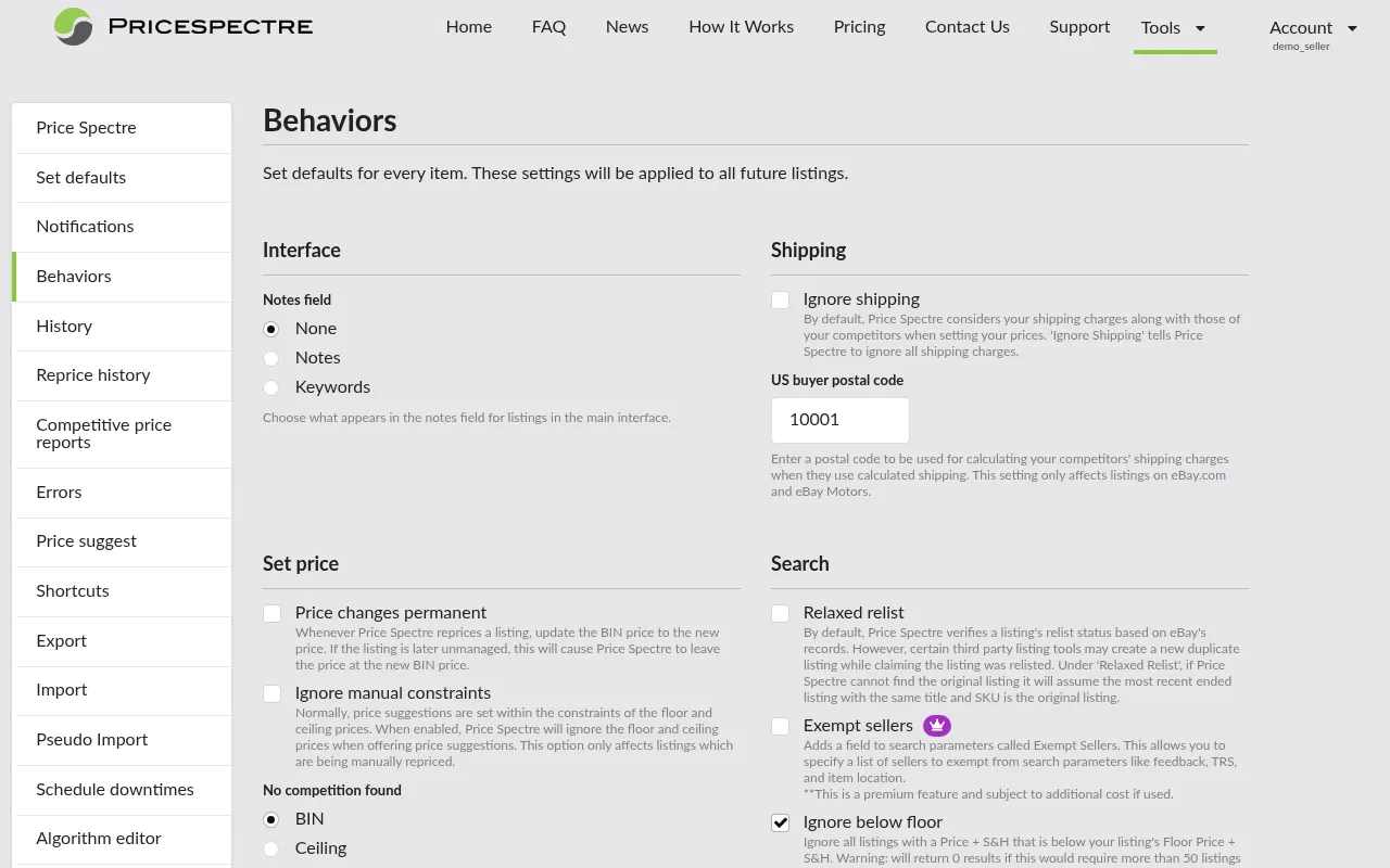 Screenshot: Behaviors configuration page