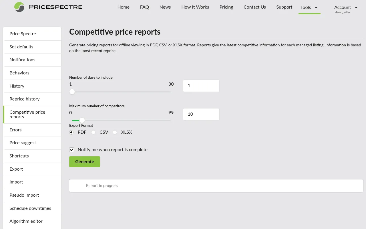 Screenshot: Competitive Price Reports generation page