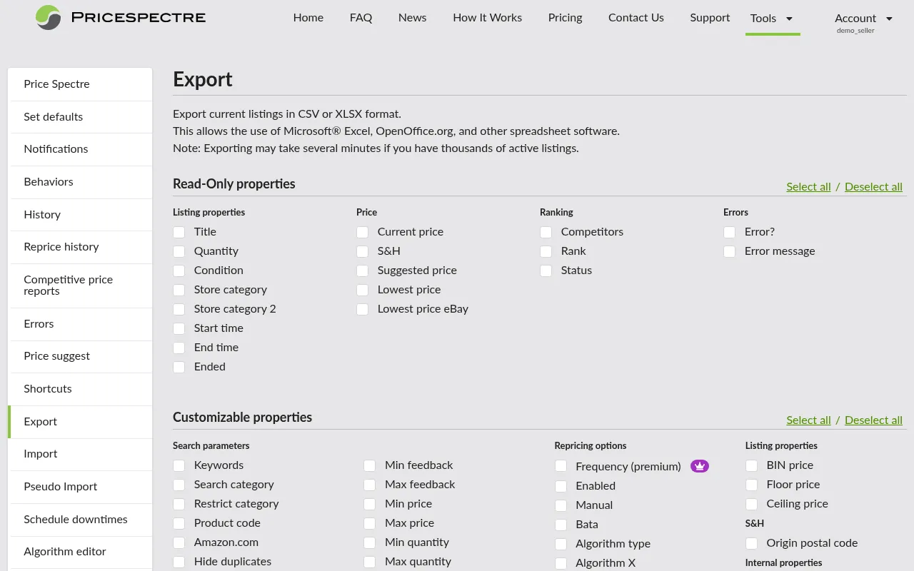 Screenshot: Export configuration page
