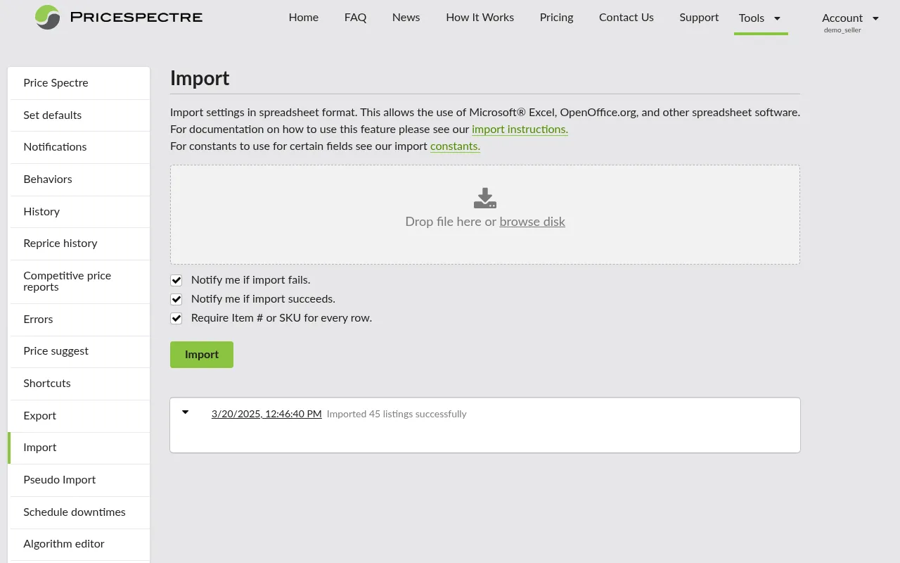 Screenshot: Import file upload interface