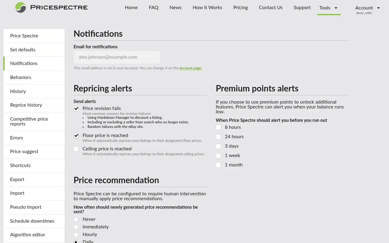 Screenshot: Notifications settings page