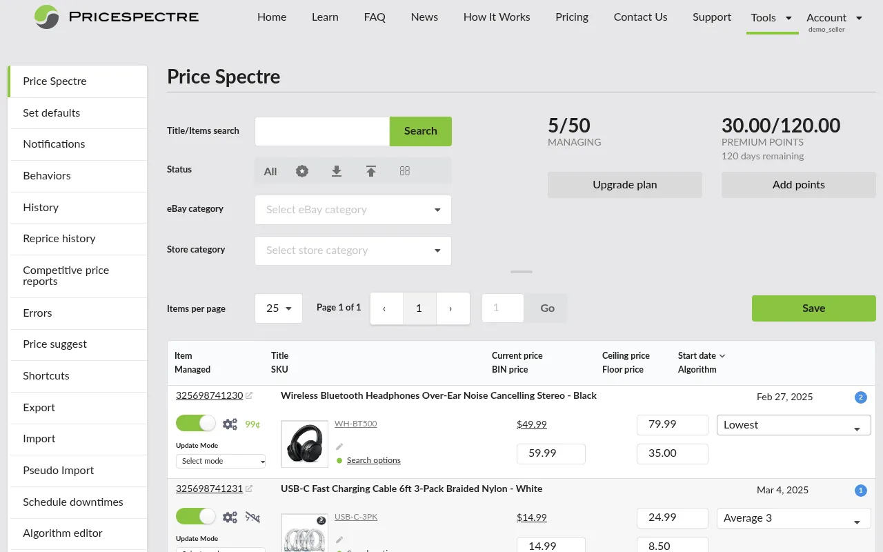 Screenshot: Price Spectre main dashboard