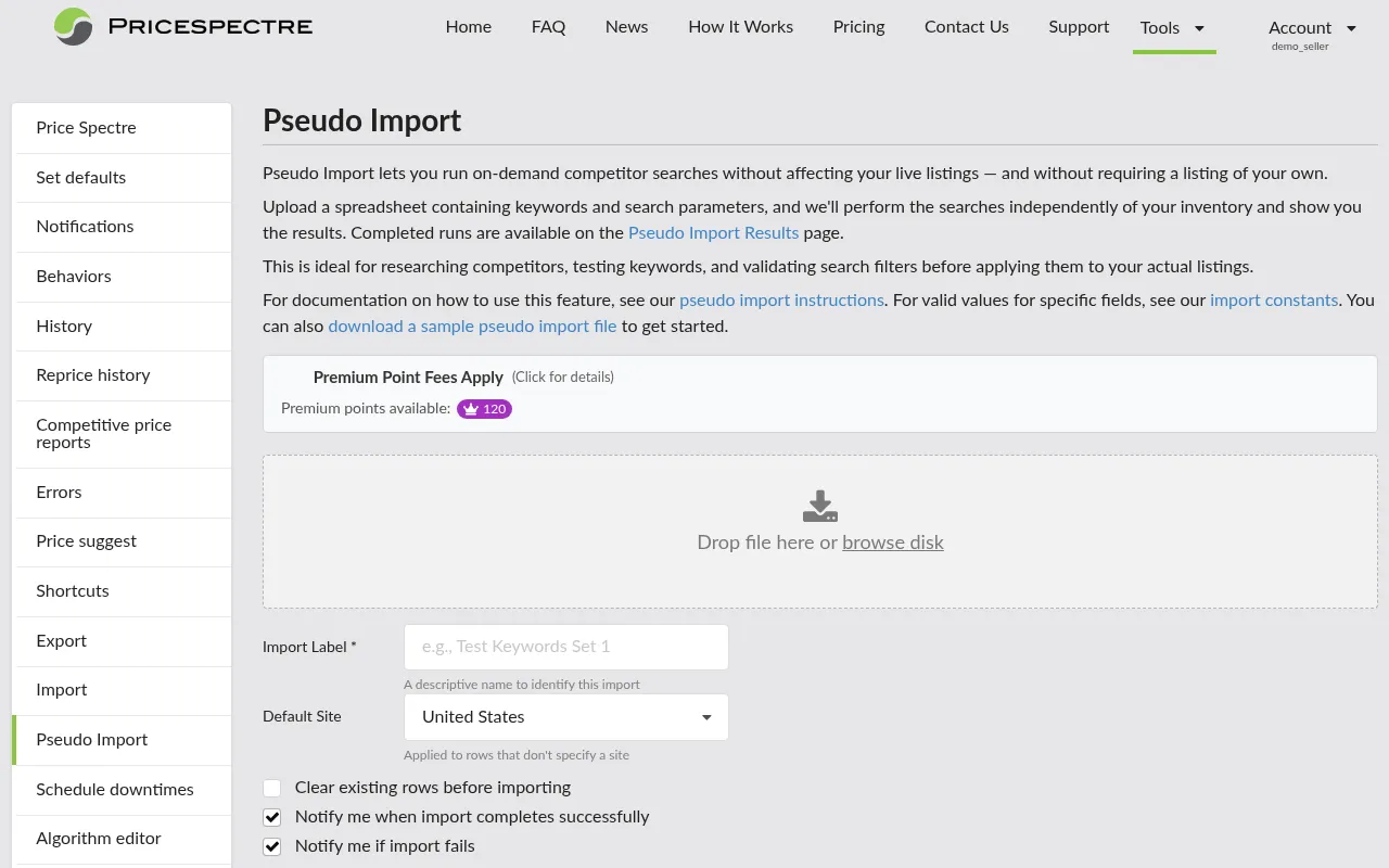 Screenshot: Pseudo Import site and file selection