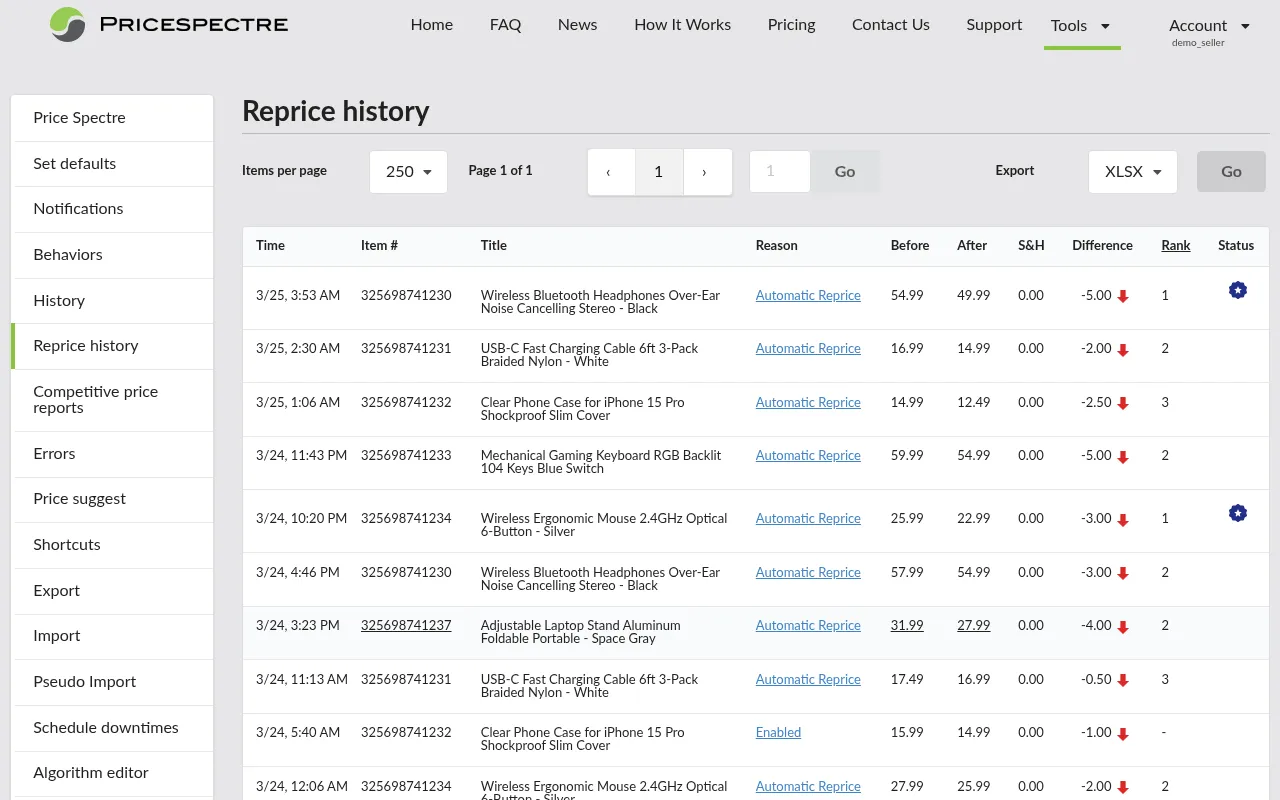 Screenshot: Reprice History log with entries