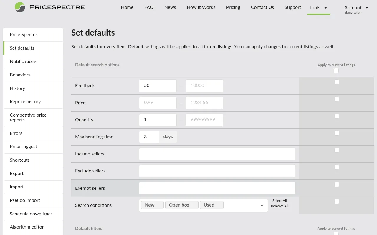 Screenshot: Set Defaults configuration page