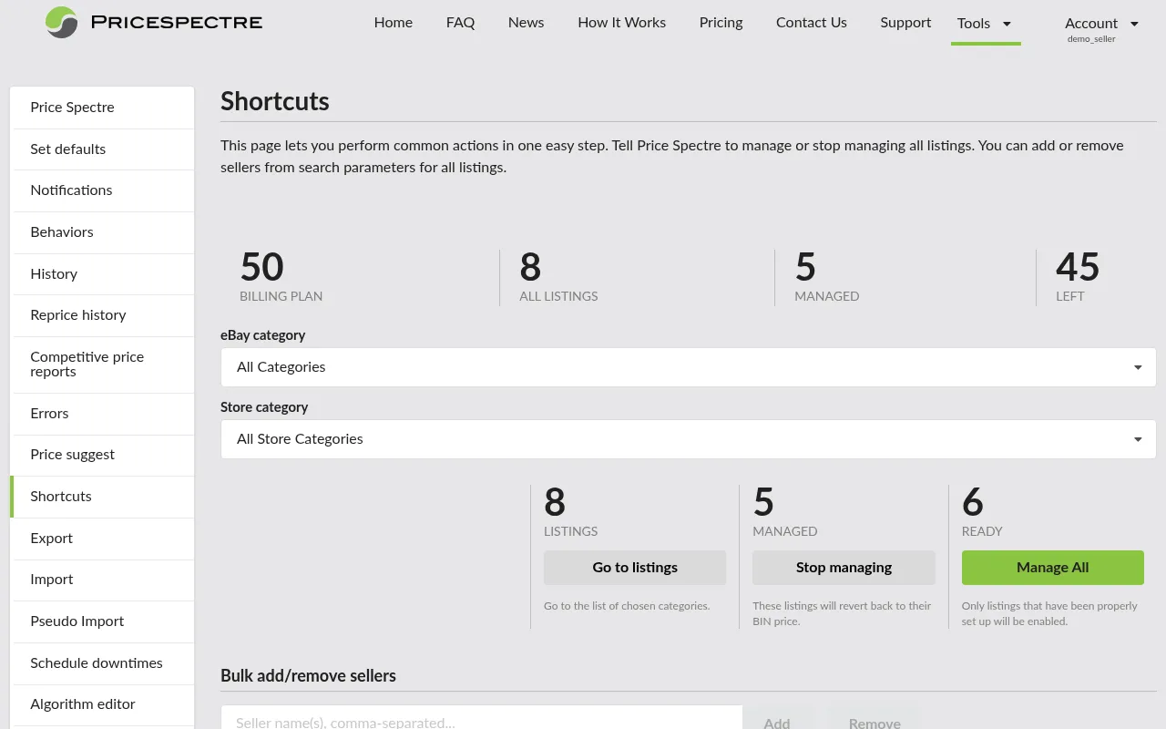 Screenshot: Shortcuts bulk management page